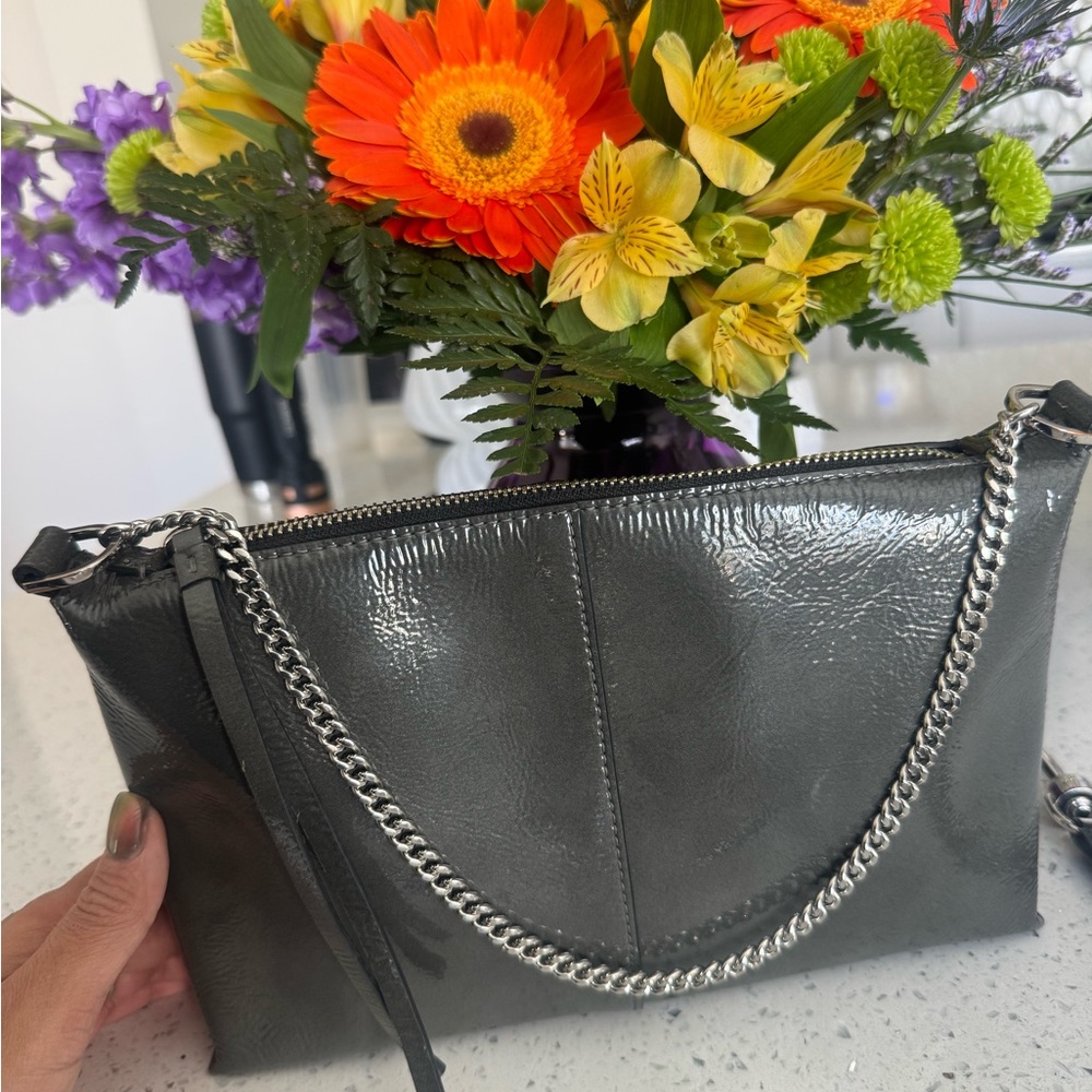 All Saints Glossy Grey Leather Eve Crossbody Bag with Silver Chain
